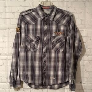Big Star plaid snap down shirt with patches in size large